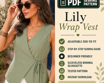 Side Tie Vest Pattern, Wrap Blouse Sewing Pattern PDF, Sleeveless V-Neck Wrap Top Pattern, Beginner Friendly, XS-3XL, Instant Download