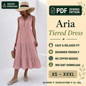 Tiered Midi Dress Sewing Pattern PDF, V Neck Summer Dress Pattern, Sleeveless Boho Dress, Cottagecore Dress, Size XS-3XL, Beginner Friendly