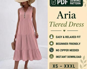 Tiered Midi Dress Sewing Pattern PDF, V Neck Summer Dress Pattern, Sleeveless Boho Dress, Cottagecore Dress, Size XS-3XL, Beginner Friendly