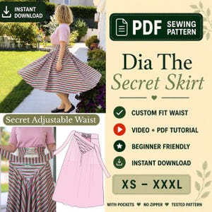May include: A woman wearing a pink top and a striped skirt. The image includes a PDF sewing pattern for the "Dia The Secret Skirt" with features like a custom fit waist and beginner-friendly instructions. The pattern is available in sizes XS-XXXL.