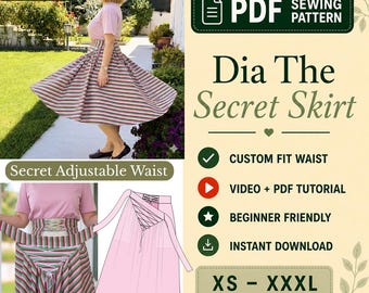 Adjustable Waist Wrap Skirt PDF Pattern, Lace Up Midi Skirt Sewing Pattern for Beginners, Cottagecore Skirt, Sizes XS-3XL, Instant Download