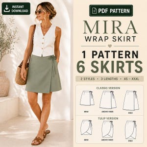 Peut inclure: Un patron de couture PDF pour la jupe portefeuille Mira, avec un gilet blanc boutonné et une jupe portefeuille vert sauge. Le texte indique : PDF PATTERN MIRA WRAP SKIRT 1 PATTERN 6 SKIRTS 2 STYLES 3 LENGTHS XS-XXXL. Inclut des schémas pour mini, genou et midi.