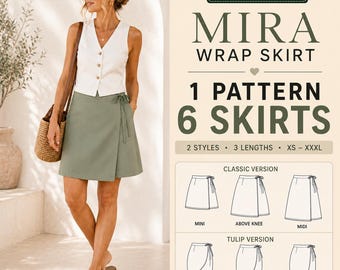 Wrap Skirt Sewing Pattern PDF, Tie Waist Tulip & Classic Skirt, Mini Midi Above Knee, Instant Download