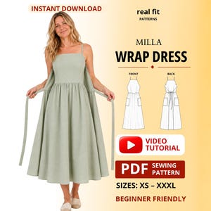 Può includere: Un abito a portafoglio color verde salvia con spalline sottili e gonna ampia. L'immagine include il testo: INSTANT DOWNLOAD, real fit PATTERNS, MILLA WRAP DRESS, FRONT, BACK, VIDEO TUTORIAL, PDF SEWING PATTERN, SIZES: XS - XXXL, BEGINNER FRIENDLY.