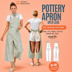 May include: A light green pottery apron with split legs and a chest pocket, shown from front and back views. Text includes POTTERY APRON SPLIT LEGS, PDF SEWING PATTERN, REAL FIT. REAL STYLE. MADE BY YOU., real fit PATTERNS, and XS-3XL STEP-BY-STEP PATTERN.