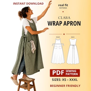 Puede incluir: Un delantal cruzado de color verde salvia con cierre de lazo lateral y un bolsillo grande. La imagen incluye el texto INSTANT DOWNLOAD, real fit PATTERNS, CLARA WRAP APRON, PDF SEWING PATTERN, SIZES: XS – XXXL, BEGINNER FRIENDLY y dibujos lineales.