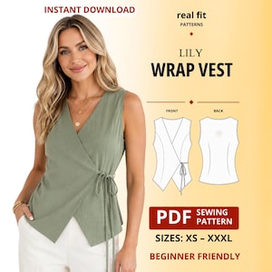 Seitliche Krawatte Weste Schnittmuster, Wickelbluse Schnittmuster PDF, ärmelloses Wickeltop mit V-Ausschnitt, Anfänger freundlich, XS-3XL, Instant Download