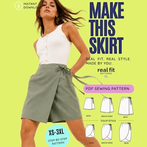 Könnte beinhalten: Ein salbeigrüner Wickelrock mit seitlicher Bindung, dargestellt in einer Anzeige für ein PDF-Schnittmuster. Der Text lautet: MAKE THIS SKIRT, REAL FIT. REAL STYLE. MADE BY YOU., real fit PATTERNS, PDF SEWING PATTERN, XS-3XL, STEP-BY-STEP PATTERN.