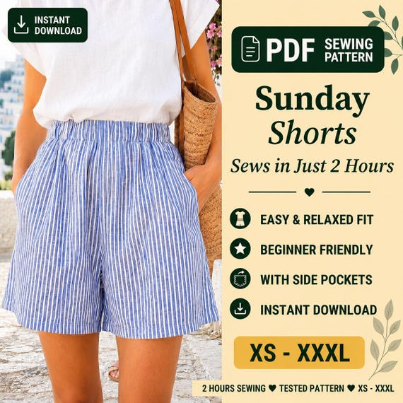 Women Shorts Pattern | Shorts Sewing Pattern PDF | Elastic Waist Shorts | Beginner Shorts Pattern | Shorts with Pockets | Wide Leg Shorts