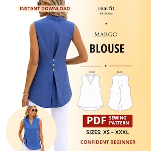 Puede incluir: Una blusa azul sin mangas con cuello en V y una abertura trasera con tres botones. La imagen incluye el texto: INSTANT DOWNLOAD, real fit PATTERNS, MARGO BLOUSE, FRONT, BACK, PDF SEWING PATTERN, SIZES: XS – XXXL, CONFIDENT BEGINNER.