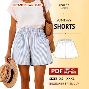 Könnte beinhalten: Ein PDF-Schnittmuster für Sunday Shorts mit weiß-blauem Streifenmuster und elastischem Bund. Die Grafik enthält den Text INSTANT DOWNLOAD, real fit PATTERNS, SUNDAY SHORTS, PDF SEWING PATTERN, SIZES: XS - XXXL und BEGINNER FRIENDLY.