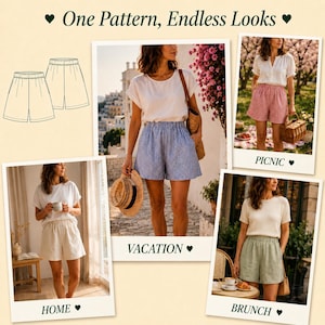 May include: A collage showcasing various styles of shorts, including a line drawing of the shorts pattern. The shorts are shown in different colors and patterns, paired with various tops for different occasions, with the text "One Pattern, Endless Looks".
