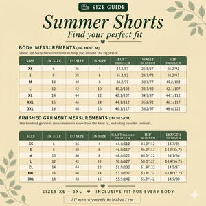 May include: Size guide for summer shorts, including body and finished garment measurements in inches and centimeters. Sizes range from XS to 3XL, with bust, waist, and hip measurements provided.
