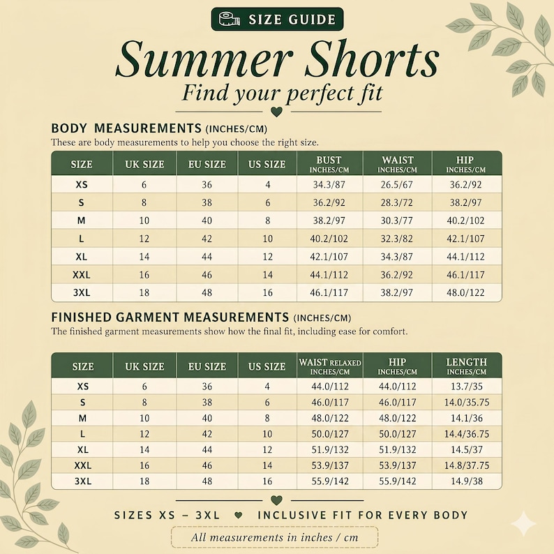May include: Size guide for summer shorts, including body and finished garment measurements in inches and centimeters. Sizes range from XS to 3XL, with bust, waist, and hip measurements provided.