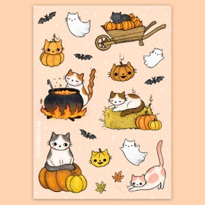 Op de afbeelding: Een set Halloween-stickers met schattige katten, pompoenen, geesten en vleermuizen. De stickers zijn perfect om een ​​toetsje whimsy toe te voegen aan je planner, laptop of waterfles.