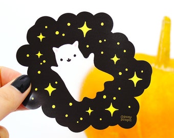 May include: A black and white ghost with a yellow star pattern on a black background. The ghost is a cartoon cat with a white body and a black outline. The text "@pony people" is in the bottom right corner of the image.