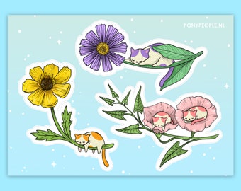 Könnte beinhalten: Ein Set mit fünf Aufklebern, die schlafende Katzen auf Blumen zeigen. Die Aufkleber beinhalten eine gelbe Blume mit einer schlafenden Katze auf einem Zweig, eine lila Blume mit einer schlafenden Katze auf einem Blatt und zwei rosa Blumen mit zwei schlafenden Katzen darin. Die Aufkleber befinden sich auf einem hellblauen Hintergrund mit weißen Sternen.
