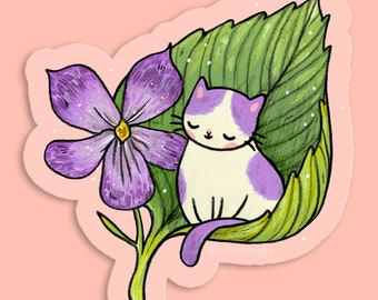 May include: A die-cut sticker illustration featuring a small white cat with purple patches resting on a large green leaf next to a vibrant purple flower with a yellow center. The text @ponypeople is visible on the leaf surface.