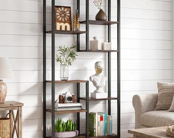 Modern 8-Shelf Bookcase, Tall Industrial Bookshelf Display Rack, Rustic Wood Storage Shelf for Books, Decor & Plants
