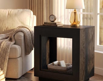 Rustic Farmhouse End Table with Storage Shelf, 24 Inch Side Table, Wooden Nightstand for Living Room & Bedroom