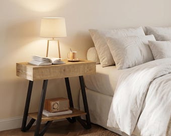Rustic Narrow End Table with 2-Tier Storage Shelf, Small Side Table for Living Room, Bedside Nightstand for Small Spaces