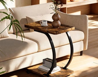Rustic C-Shaped End Table with Wheels, Industrial 2-Tier Sofa Side Table for Small Spaces, Bedside Snack & Laptop Table