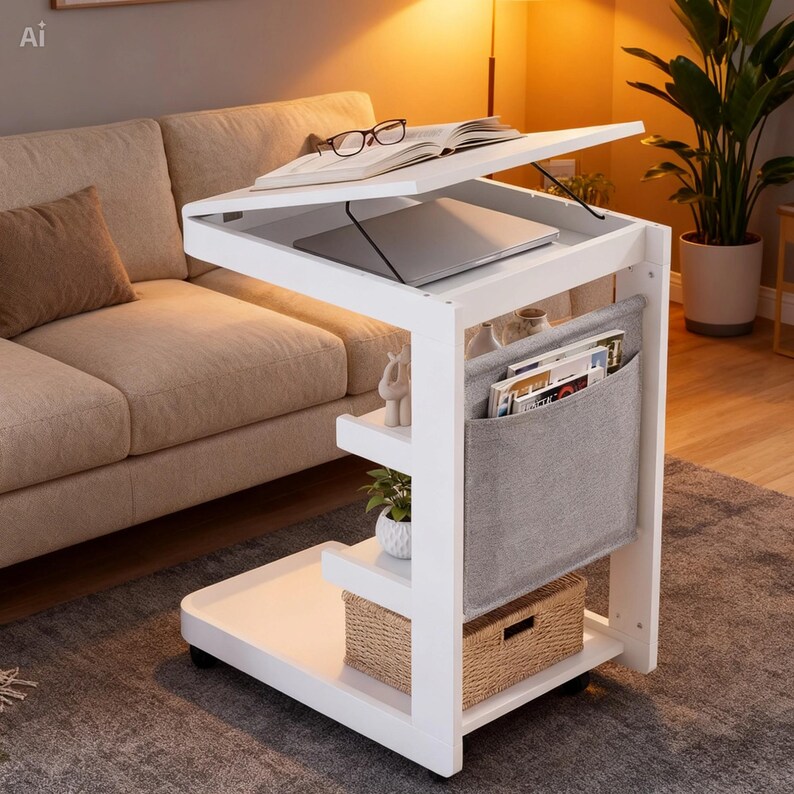 Modern C-shaped End Table on Wheels, Adjustable Height Sofa Side Table ...