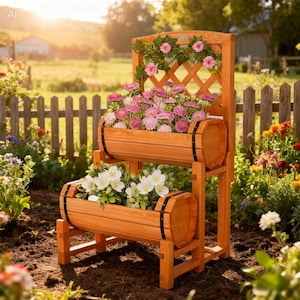 May include: A two-tiered wooden planter with barrel-shaped containers, filled with pink and white flowers. The planter has a trellis back and is set in a garden with a wooden fence. The wood is stained a warm orange color.