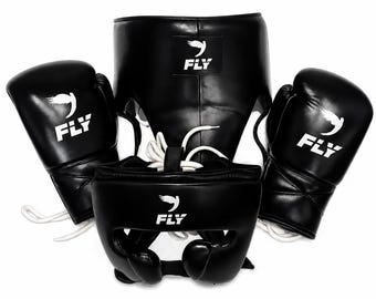 FLY Boxing Gloves Headgear & Groin Guard Set | Professional Sparring Genuine Leather Gloves