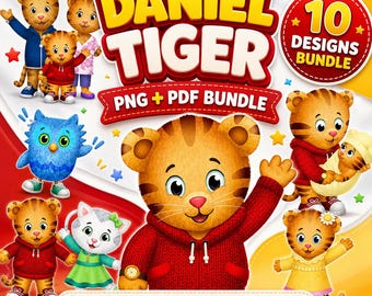 Daniel Tiger PNG PDF-bundel, 10 ontwerpen, decoraties voor verjaardagsfeestjes, afdrukbare taarttoppers, kinderfeestdecor direct downloaden