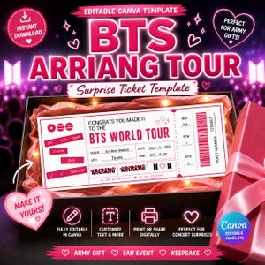 以下が含まれることがあります： ピンクと白のBTS Arriang Tourサプライズチケットテンプレート。チケットは、ピンクのティッシュペーパーとピンクのギフトボックスが入った黒い箱に入っています。チケットには「BTS WORLD TOUR」と「Texas」の文字が含まれています。