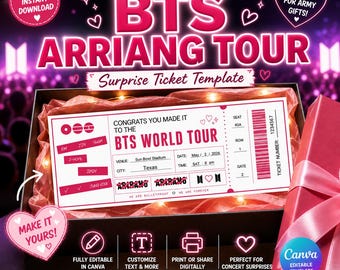 Bewerkbare Canva-sjabloon voor BTS-concertticket | Kpop-feestuitnodiging | ARMY-ticketontwerp | Nep-concertticket bewerkbaar