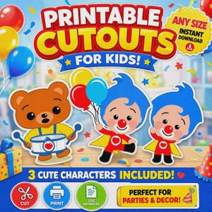 Op de afbeelding: Afbeelding met printbare knipvellen voor kinderen, met een beer die op een trommel speelt en twee figuren met blauw haar en rode neuzen. De afbeelding bevat tekst: "Printbare knipvellen voor kinderen!" en "3 schattige karakters inbegrepen!" met iconen.
