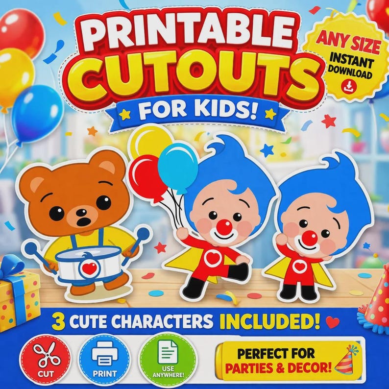 Op de afbeelding: Afbeelding met printbare knipvellen voor kinderen, met een beer die op een trommel speelt en twee figuren met blauw haar en rode neuzen. De afbeelding bevat tekst: "Printbare knipvellen voor kinderen!" en "3 schattige karakters inbegrepen!" met iconen.