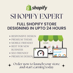 Op de afbeelding: Een grafische advertentie voor Shopify-expert-diensten met het Shopify-logo, de tekst SHOPIFY EXPERT, FULL SHOPIFY STORE DESIGNING IN UPTO 24 HOURS, en een lijst met functies waaronder responsive design, premium theme en SEO friendly.