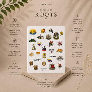 May include: A white sticker sheet titled NUMEN SOUL CAPSULE 01: ROOTS featuring various colourful illustrations including a bridge, mango, toucan, waterfall, church, cable car, parrots, arepas, tequeños, and the text Venezuela and Caracas.