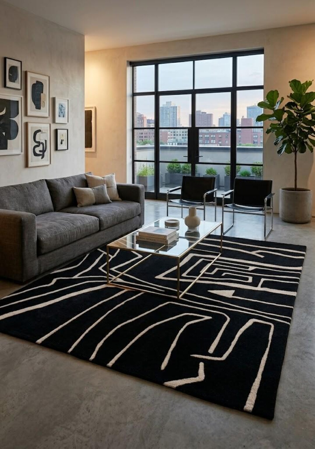 Labryith Rug Hand Tufted Wool Labyrinth Rug, Abstract Geometric Black Cream Carpet ...