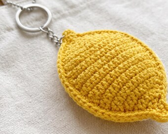 Handmade Crochet Lemon Keychain, Yellow Fruit Bag Charm, Botanical Accessory