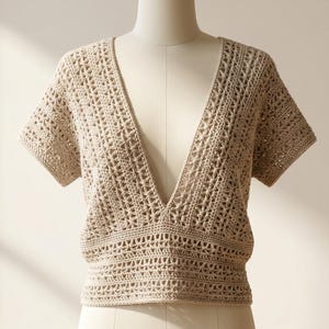 Peut inclure: Un haut en crochet beige à manches courtes et à col en V profond. Le haut est présenté sur un mannequin et présente un motif de tissage ouvert et aéré. La texture et le design du vêtement sont mis en évidence par l'éclairage naturel.