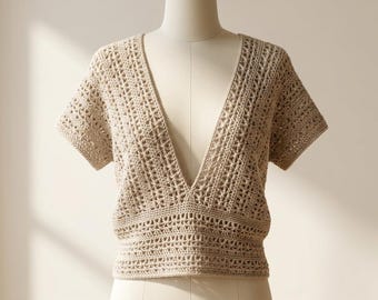 Crochet V-Neck Pullover Pattern, Textured Crop Top, Short Sleeve Sweater (PDF Download)