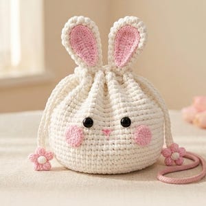 May include: A white crochet bunny bag with pink detailing. The bag has a drawstring closure, black button eyes, and pink cheeks. Pink flower accents and a pink strap complete the design. A charming accessory.