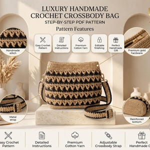 Patrón PDF para bolso de mano moderno a crochet, bolso cruzado estructurado, bolso de mano con cordón náutico, tutorial de crochet con varios colores.
