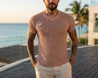 crochet v neck shirt, v stitch mesh top, crochet mesh shirt