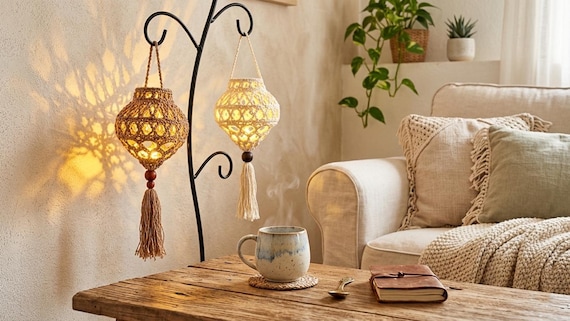 Crochet Lantern Pattern, Boho Crochet Decor, Hanging Lantern PDF, Lace Crochet Home Decor, Fairy Light Cover, Boho Lantern Pattern