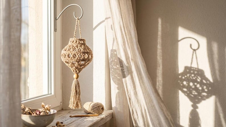 May include: A beige crocheted lantern with an openwork pattern, hanging from a metal wall hook. The lantern features a braided cord handle, a wooden bead at the base, and a long, dangling tassel. The design is crafted from light-colored yarn.