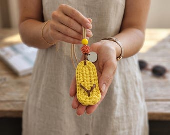 Crocheted Flip Flop Keychain, Handmade Bag Charm, Textured Yarn Accessory