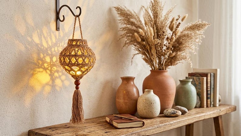 May include: A hanging lantern crafted from tan woven cord with a geometric pattern, featuring a central light source, a dark wooden bead, and a long matching tassel. The lantern is suspended from a black metal wall hook, casting a warm glow.