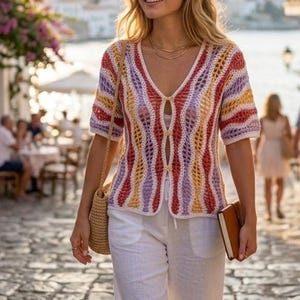 Crochet Wave Summer Top Pattern PDF, Lightweight V Neck Pullover, Boho Beach Cover Up, Women's Crochet Shirt