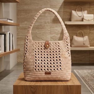 May include: A beige crochet hobo bag featuring a textured open-weave pattern on the upper section and a solid stitch base. The bag includes a single integrated handle and a brown leather tab closure with a gold-tone metal snap button at the centre.