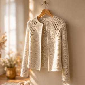 May include: Cream-colored, open-front crochet cardigan hanging on a wooden hanger. The long-sleeved sweater features a textured stitch and geometric cutouts on the upper sleeves. The cardigan is displayed against a neutral-toned wall, suggesting a cozy, handmade aesthetic.